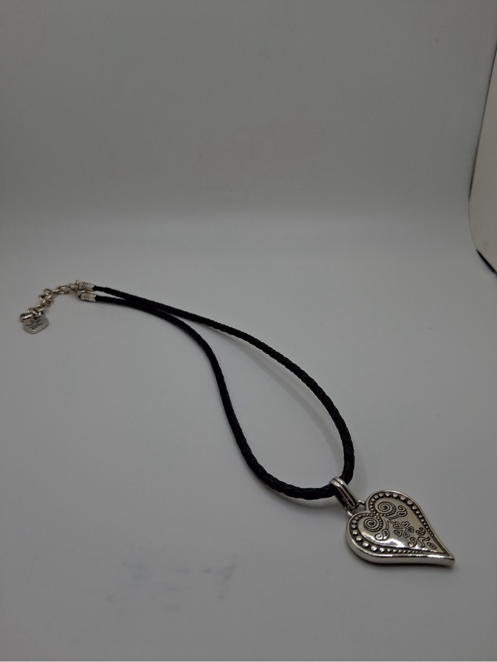 Brighton Silver Tone Heart Pendant Necklace Black Braided Cord Adjustable